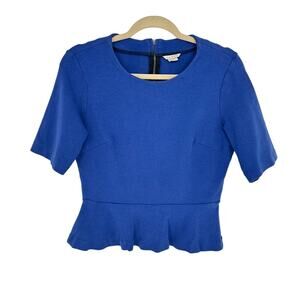 Club Monaco Peplum Blouse Blue Short Sleeved Ponte Fabric Size M